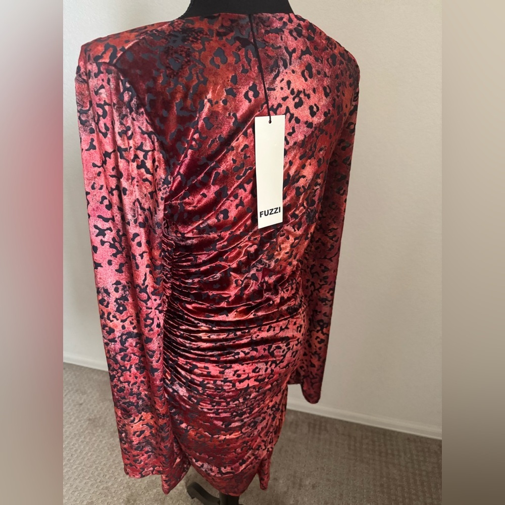Fuzzi Italy Red Leopard Burnout Velvet Bodycon Dress XL Ruched Midi NWT - Picture 3 of 12